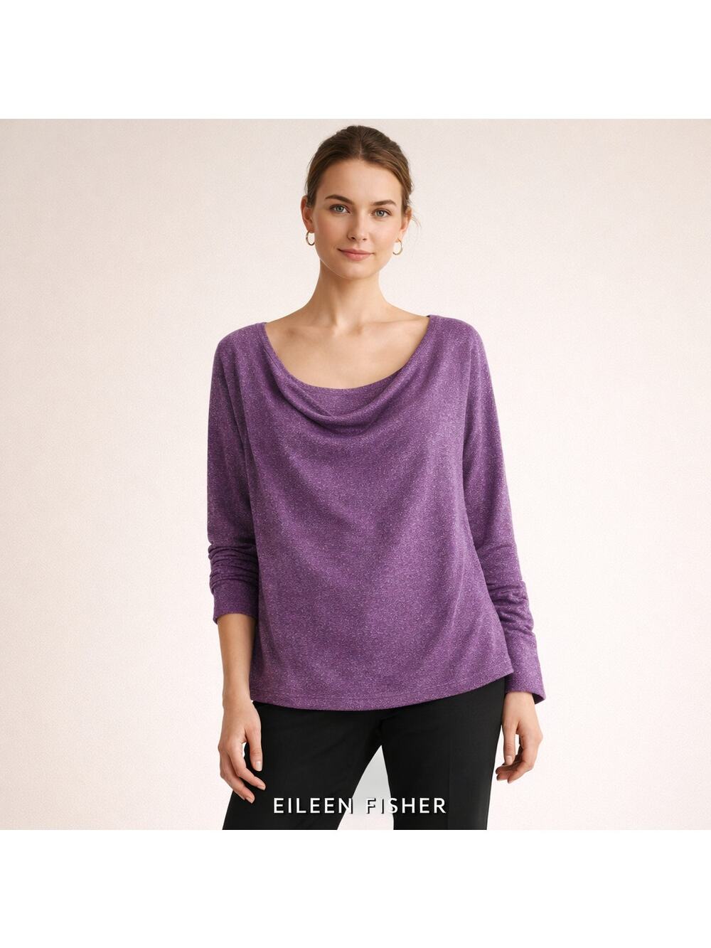 Eileen Fisher Sweater Women's L Purple Italian Yarn Linen Blend Drape Cowl Neck
